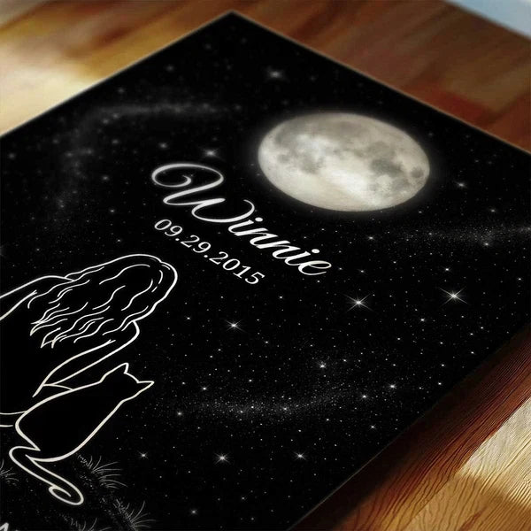 Personalized I Love You to the Moon and Back Cat Memorial Canvas, Seated Woman and Cat, Unique Sympathy Gift for Pet Owners
