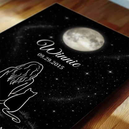 Personalized I Love You to the Moon and Back Cat Memorial Canvas, Seated Woman and Cat, Unique Sympathy Gift for Pet Owners