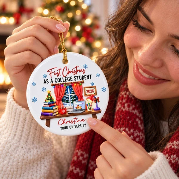 Personalized Ceramic Ornament, Colorful College Study Desk, Unique Christmas Gift for College Student