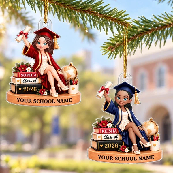 Personalized Graduation Acrylic Ornament, Diploma-Holding Graduate with Books, Creative Keepsake Gift for Her