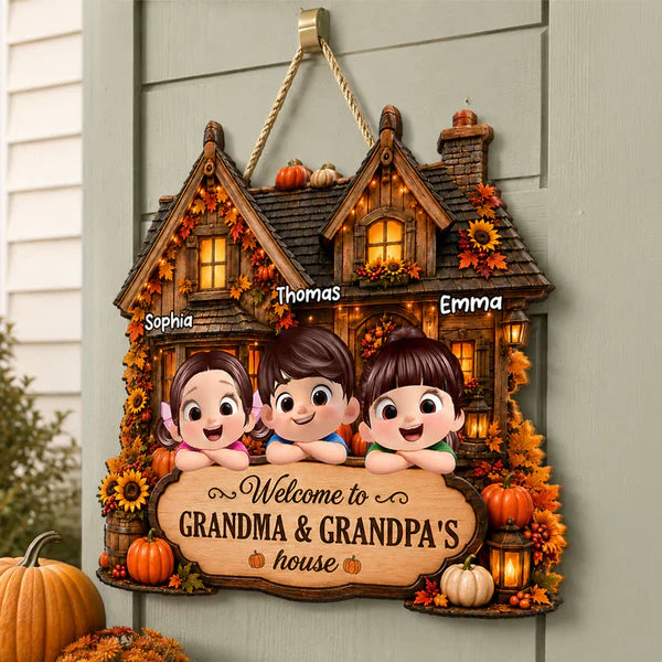 Wooden Sign with Welcome to Grandma & Grandpa's House, Cozy Autumn Cottage, Unique Creative Gift from Family