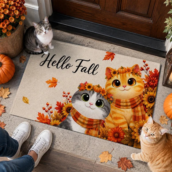 Personalized Standard Doormat, Scarf-Wearing Cats on an Autumn Porch, Creative Housewarming Gift for Cat Lovers