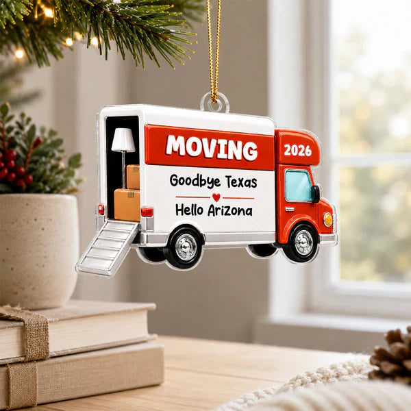 Personalized Acrylic Ornament, Red Moving Van Hanging Tree Decor, Unique New Home Gift for Family