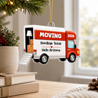 Personalized Acrylic Ornament, Red Moving Van Hanging Tree Decor, Unique New Home Gift for Family