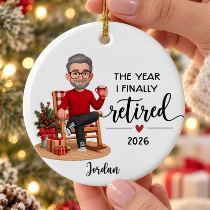 Personalized Ceramic Ornament, Retired Woman Holding a Mug in a Christmas Rocking Chair Scene, Unique Gift
