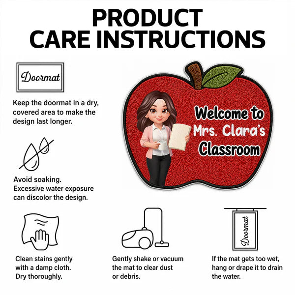 Personalized Shaped Doormat with Smiling Teacher & Apple, Unique Back to School Gift for Teacher