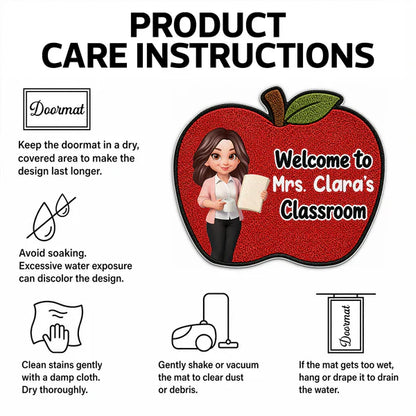 Personalized Shaped Doormat with Smiling Teacher & Apple, Unique Back to School Gift for Teacher
