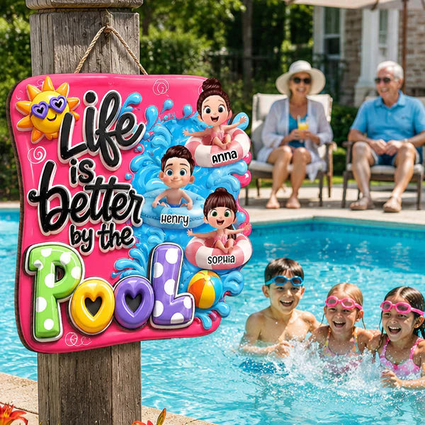 Personalized Pool Kids Wooden Sign, Cute Summer Yard Decor, Unique Gift for Grandparents