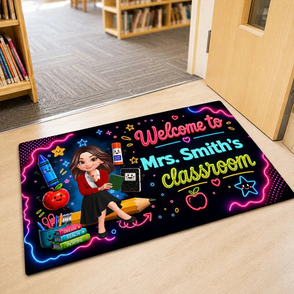Neon Classroom Standard Doormat, Personalized Teacher Welcome, Unique Creative Gift for Back to School