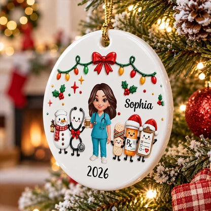 Personalized Ceramic Ornament with Nurse Holding Coffee and Medical Icons, Unique Creative Gift for Nurses