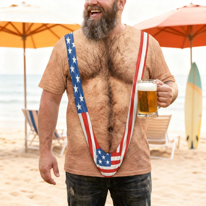 Printed Classic Tee, Patriotic Hairy Body Illusion, Laughing Man Outdoor Party, Unique Gift for Dad