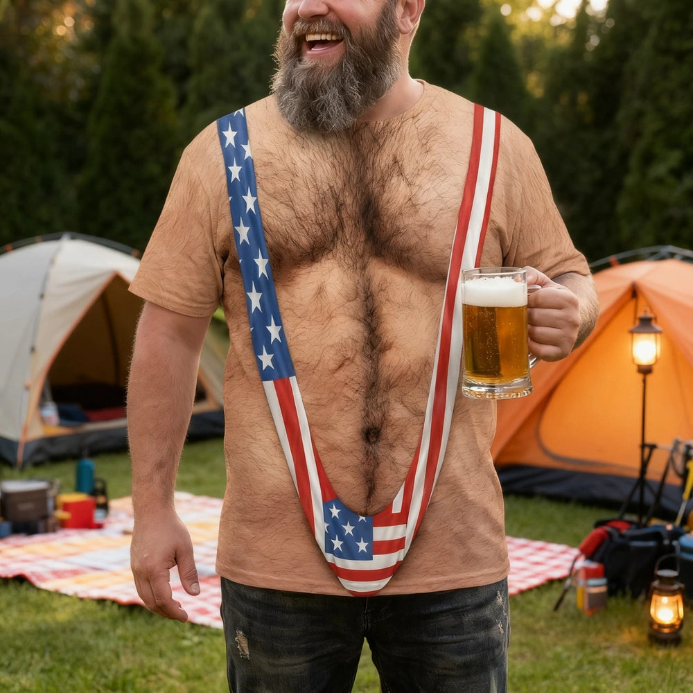 Printed Classic Tee, Patriotic Hairy Body Illusion, Laughing Man Outdoor Party, Unique Gift for Dad