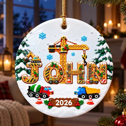 Personalized Ceramic Ornament with Bright Christmas Construction Trucks, Unique Gift for Kids and Grandkids