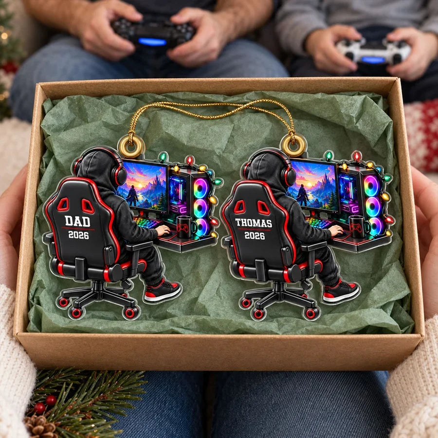 Personalized Acrylic Ornament, Seated Gamer at RGB Setup, Unique Creative Christmas Gift for Gamers