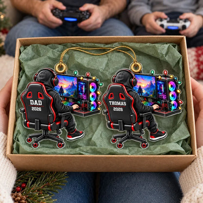 Personalized Acrylic Ornament, Seated Gamer at RGB Setup, Unique Creative Christmas Gift for Gamers