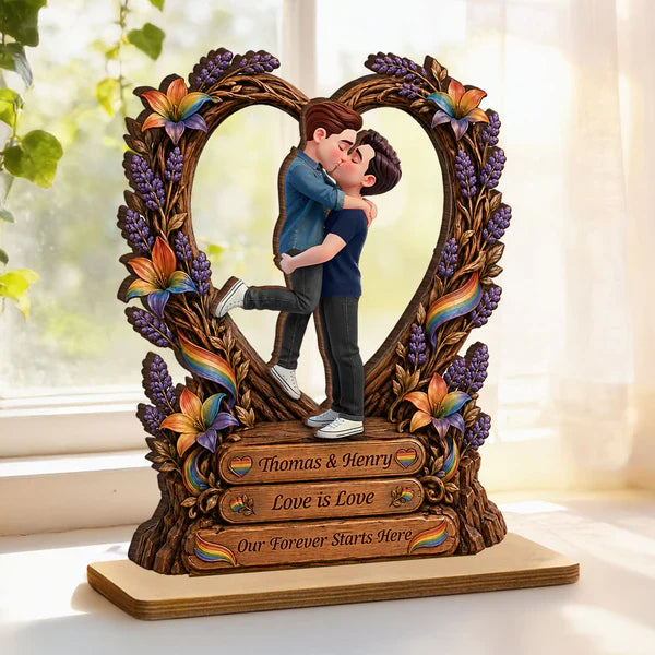 Personalized Wooden Plaque, Kissing LGBT Couple With Rainbow Flag, Unique Creative Gift for Couple