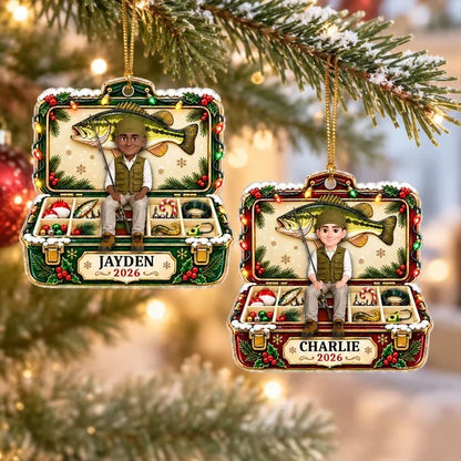 Personalized Acrylic Ornament, Green and Gold Cartoon Angler Holding a Fishing Rod, Unique Christmas Gift for Dad or Grandpa