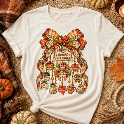 Personalized Thankful Grandma Classic Tee, Autumn Bow and Turkey Design, Unique Thanksgiving Gift for Grandma