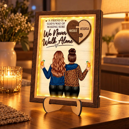 Personalized Wooden LED Plaque, Best Friends Embracing in Warm Light, Unique Friendship Gift