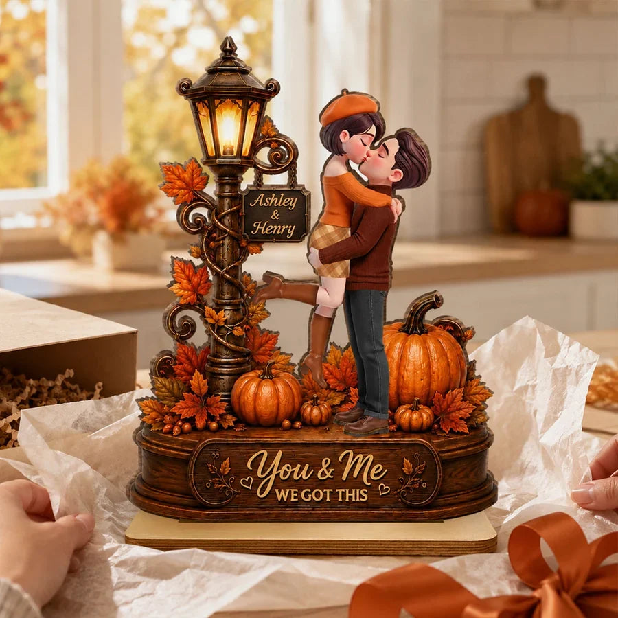 Personalized 2-Layer Wooden Plaque, You & Me Fall Couple Scene, Creative Gift with Heartfelt Message