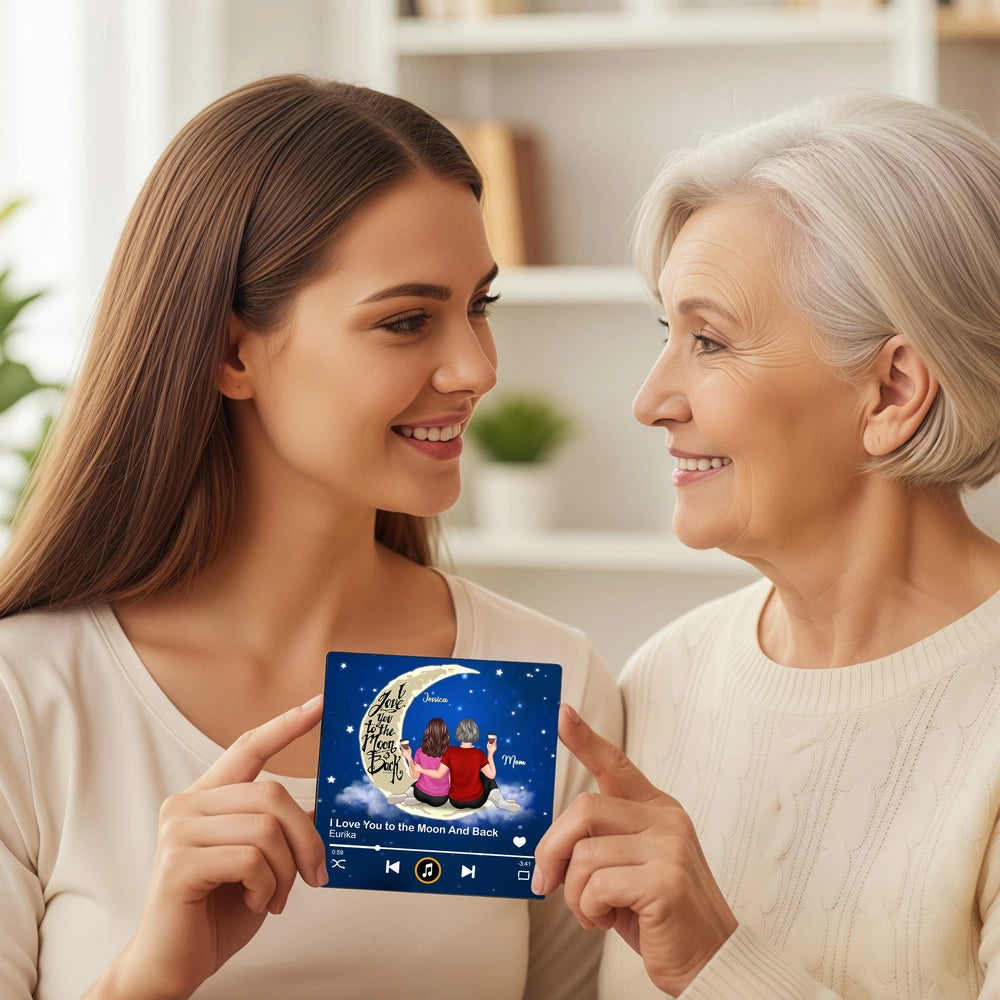 Acrylic Music Magnet with Mom and Daughter Sitting on the Moon, Love You to the Moon and Back, Sweet Gift for Mom