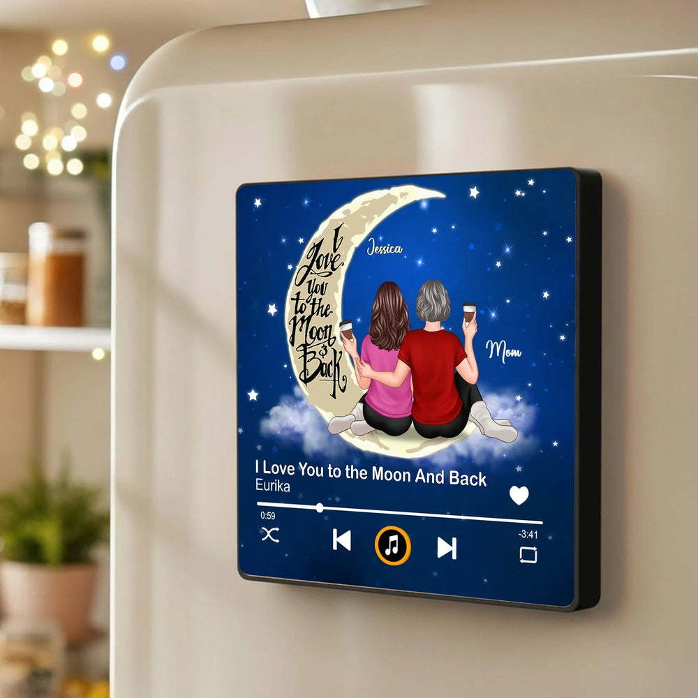 Acrylic Music Magnet with Mom and Daughter Sitting on the Moon, Love You to the Moon and Back, Sweet Gift for Mom