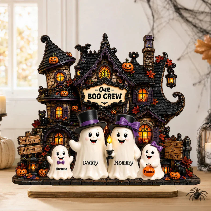 Personalized Layered Wooden Plaque, Ghost Family at Haunted House, Unique Halloween Gift for Family