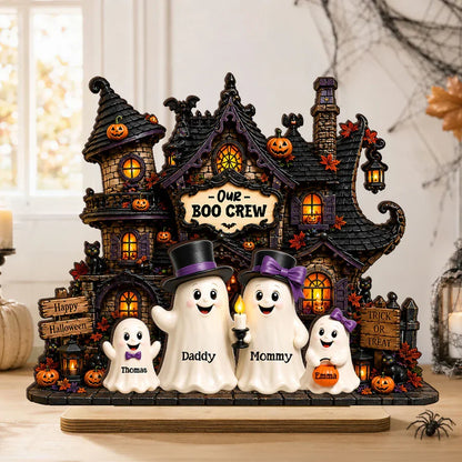 Personalized Layered Wooden Plaque, Ghost Family at Haunted House, Unique Halloween Gift for Family