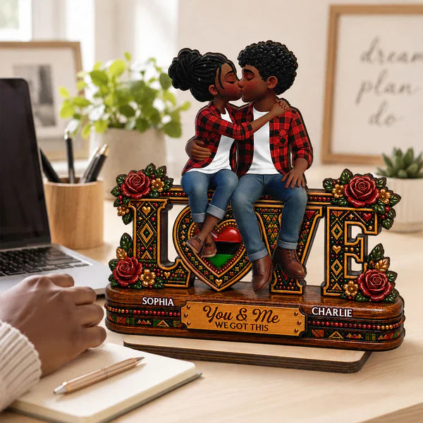 Personalized 2-Layer Wooden Plaque With Kissing Couple & Roses, Unique Gift for Couple