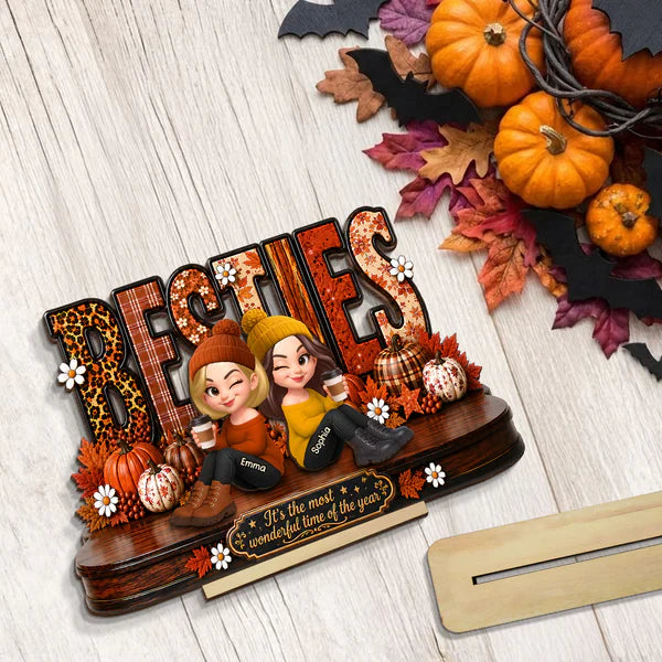 Personalized 2-Layer Wooden Plaque, Sitting Besties with Coffee, Unique Fall Gift for Close Friend