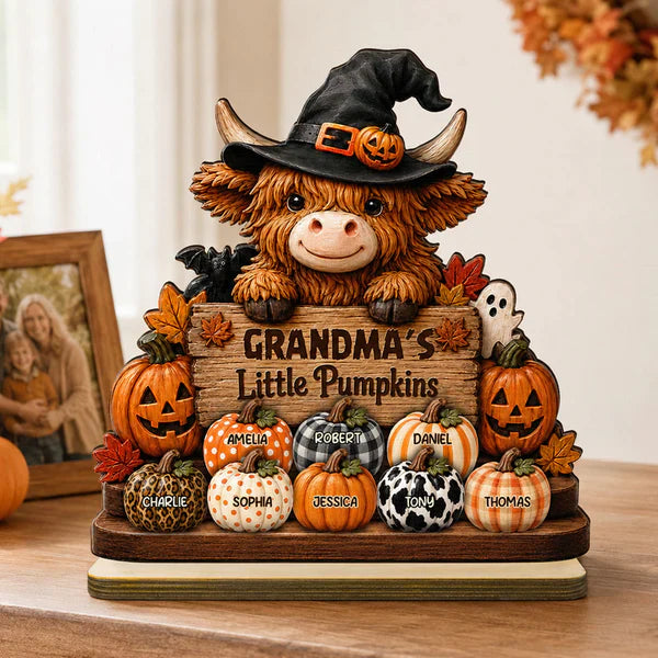 Personalized Highland Cow 2-Layer Wooden Plaque, Grandma's Little Pumpkins Fall Decor, Unique Gift for Grandma