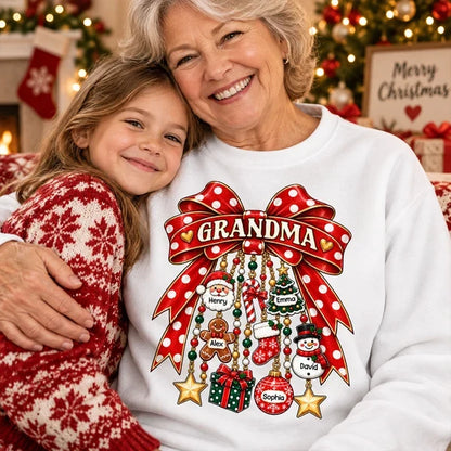 Personalized Grandma Classic Tee with Retro Christmas Bow, Unique Gift for Cozy Holiday Gatherings