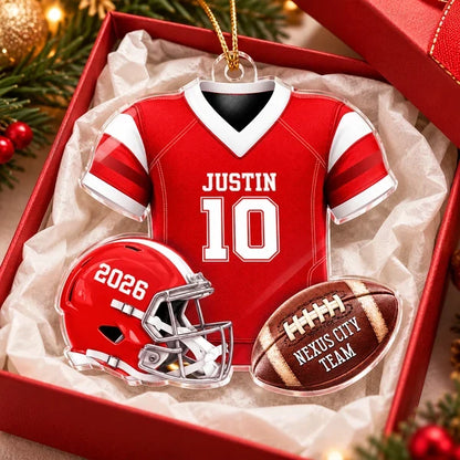 Personalized Acrylic Ornament, Green Football Jersey and Helmet, Unique Christmas Gift for Football Fans