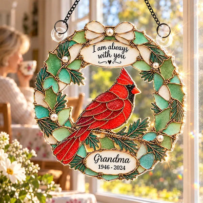 Personalized Acrylic Suncatcher Ornament, Red Cardinal Wreath for a Sunlit Window, Unique Memorial Gift for Family