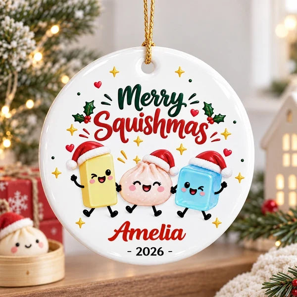 Personalized Ceramic Ornament, Merry Squishmas Cartoon Keepsake, Unique Christmas Gift for Squishy Fans