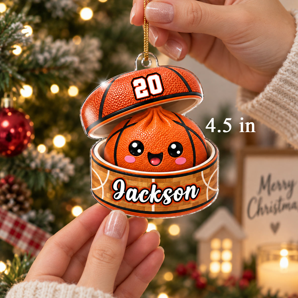 Custom Basketball Dumpling Acrylic Ornament, Cute Orange Cartoon, Unique Christmas Gift for Kids & Grandkids