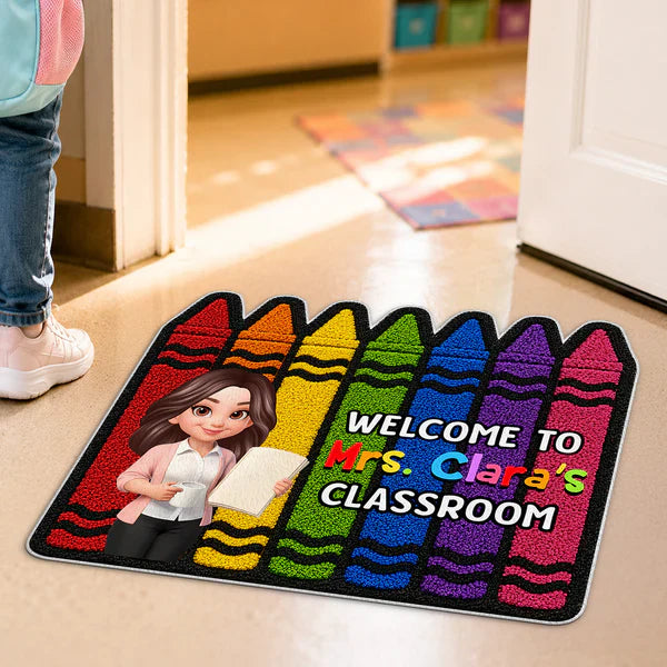 Colorful Crayon Shaped Doormat, Personalized Classroom Welcome, Unique Gift for Teacher
