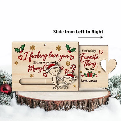 Personalized Wooden Sliding Ornament, Playfully Posing Cartoon Couple, Unique Christmas Gift for Partner