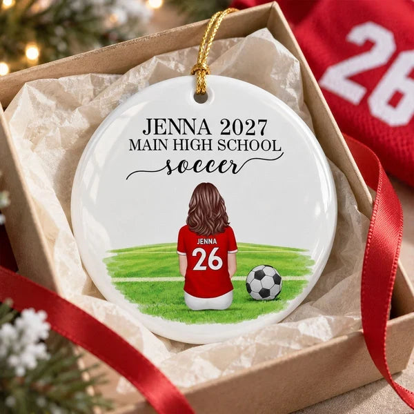 Personalized Ceramic Ornament, Seated Soccer Athlete on Field, Unique Christmas Gift for Soccer Player