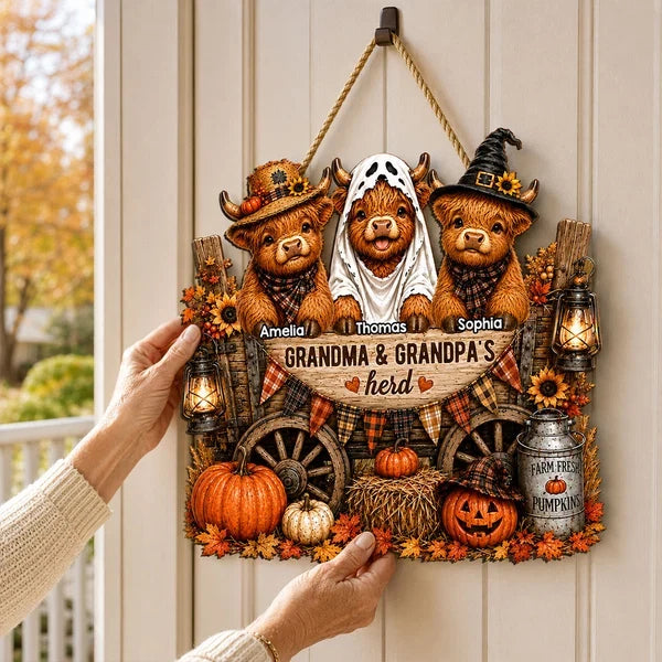Personalized Wooden Sign with Costumed Highland Cows and Pumpkin Wagon, Unique Fall Gift for Grandparents