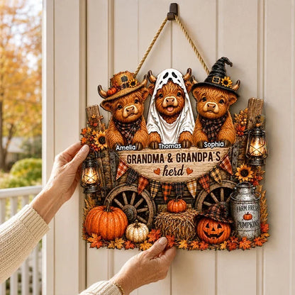 Personalized Wooden Sign with Costumed Highland Cows and Pumpkin Wagon, Unique Fall Gift for Grandparents