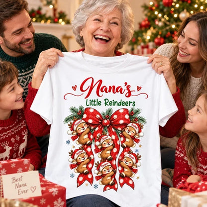 Personalized Grandma Christmas Sweatshirt, Cute Reindeer Hugging Red Bow, Unique Family Gift