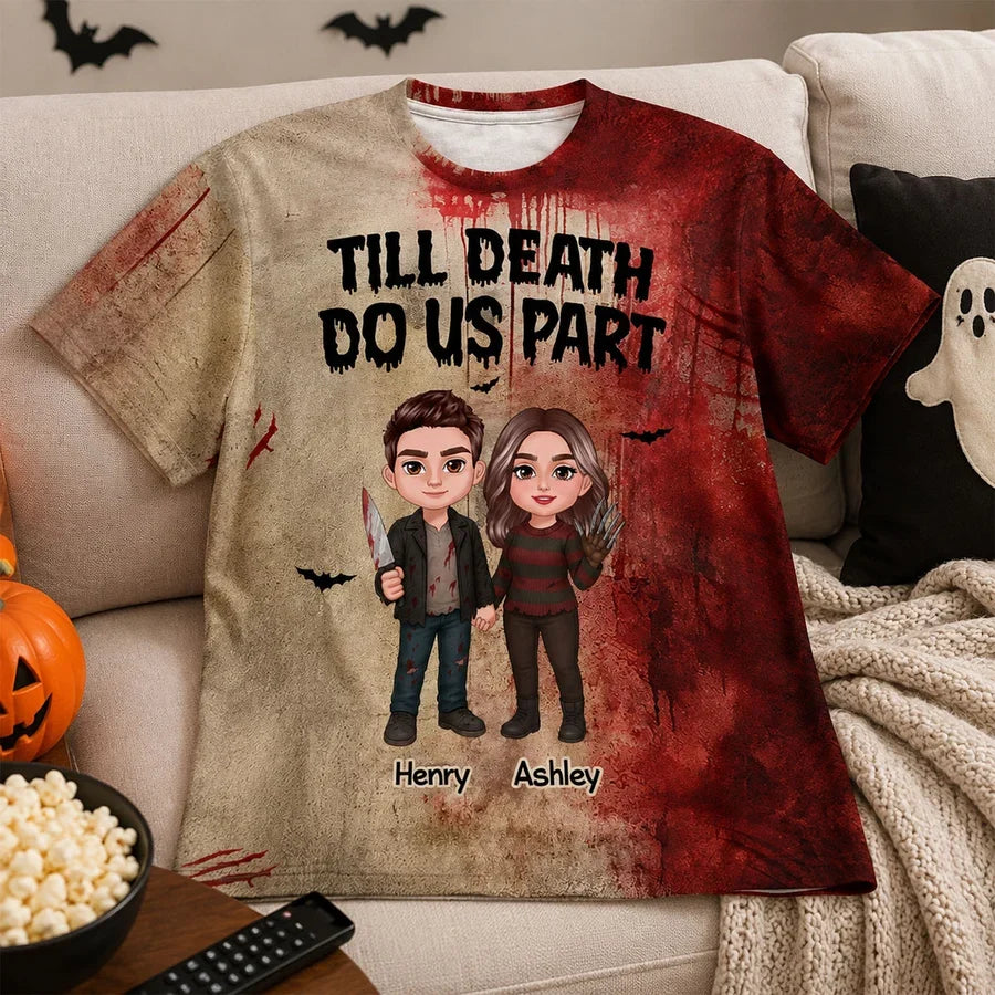 Till Death Do Us Part Personalized Printed Classic Tee, Red Horror Couple Art, Creative Gift for Couples