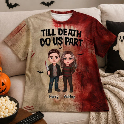 Till Death Do Us Part Personalized Printed Classic Tee, Red Horror Couple Art, Creative Gift for Couples