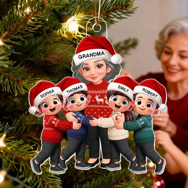 Personalized Acrylic Ornament, Cartoon Grandma Hugging Grandkids, Red Christmas Decor, Unique Gift for Grandma