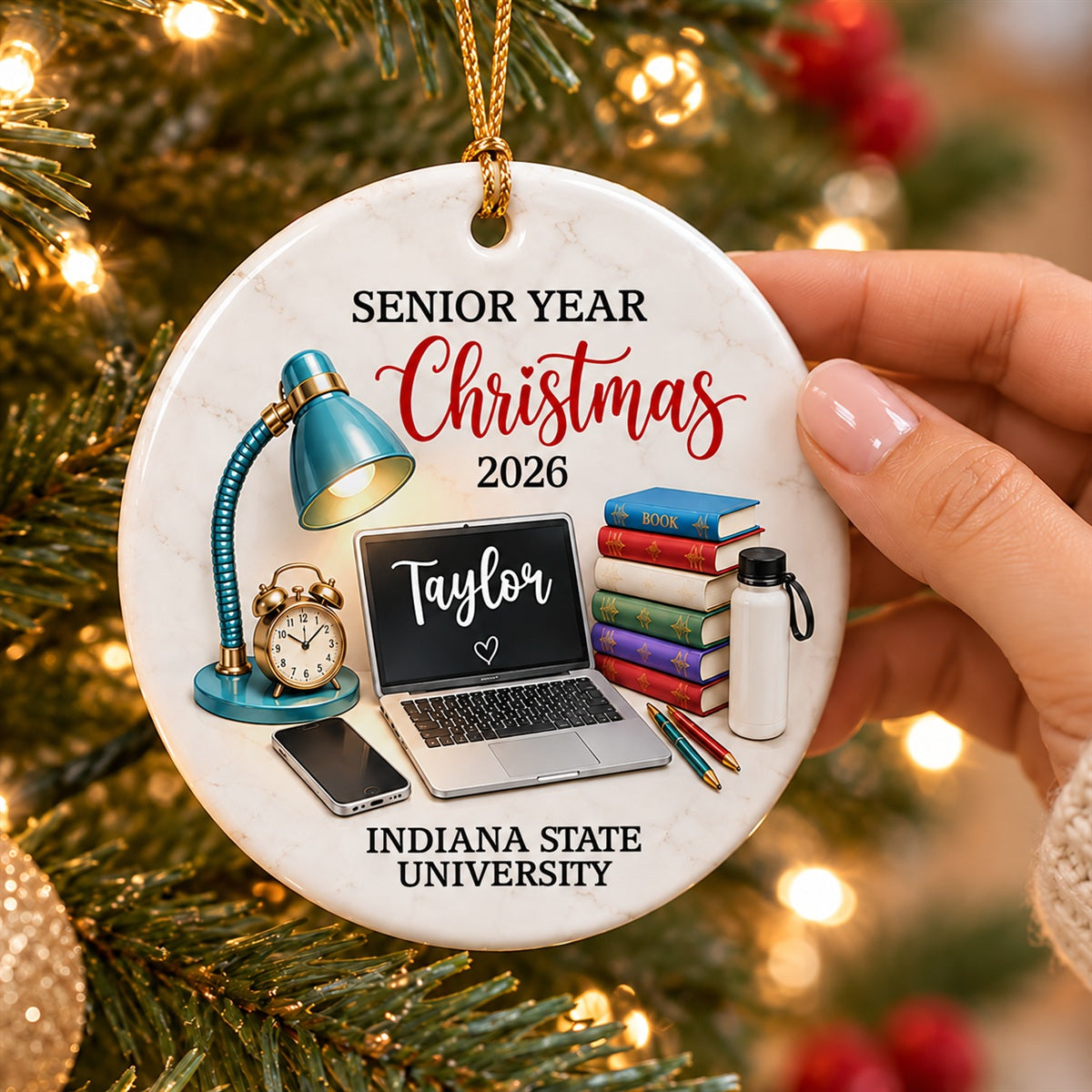 Personalized Ceramic Ornament, Teal Study Desk Senior Year Christmas Keepsake, Unique Graduation Gift for Student
