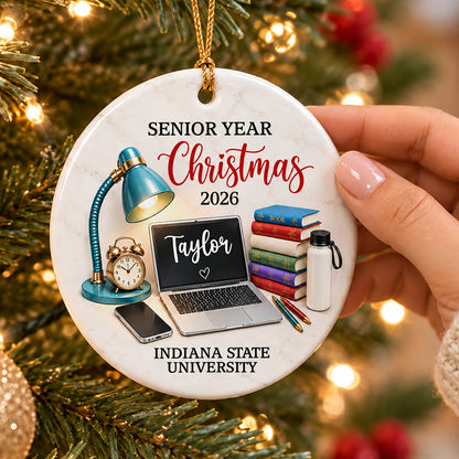 Personalized Ceramic Ornament, Teal Study Desk Senior Year Christmas Keepsake, Unique Graduation Gift for Student