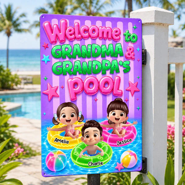 Personalized Rectangular Iron Sign, Neon Grandma & Grandpa Pool Decor, Unique Gift for Grandparents