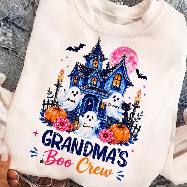 Personalized Classic Tee for Grandma, Watercolor Haunted House Boo Crew, Unique Halloween Gift