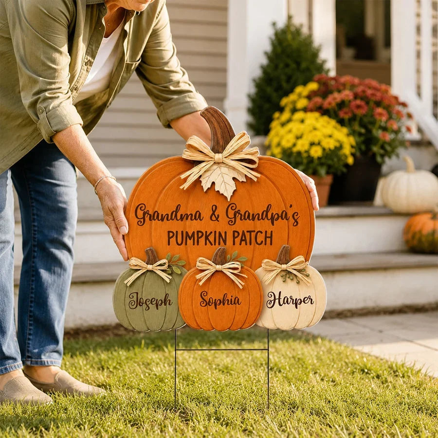 Grandma & Grandpa's Pumpkin Patch Shaped Yard Sign, Personalized Fall Display, Creative Family Gift
